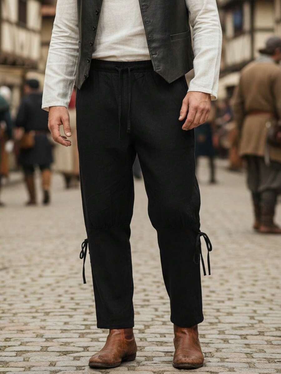 Medieval Pirate Costume For Men, Renaissance Viking Style Pants With Pockets, Casual Trousers - Black - View 1