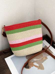 1 pezzo Borsa da spiaggia a quadri colorati, borsa a tracolla in paglia casual e pratica per donne, elegante borsa a tracolla, borsa da spiaggia per vacanze estive, può contenere portafoglio, borsetta, cosmetici, accessorio da viaggio essenziale, ottimo regalo per vacanze estive per la fidanzata o la mamma - Multicolore - Visualizzare 14