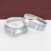 2pcs Minimalist Geometric Design Cubic Zirconia Inlaid Fashion Ring Set, Couples Gift - Multicolor - View 5