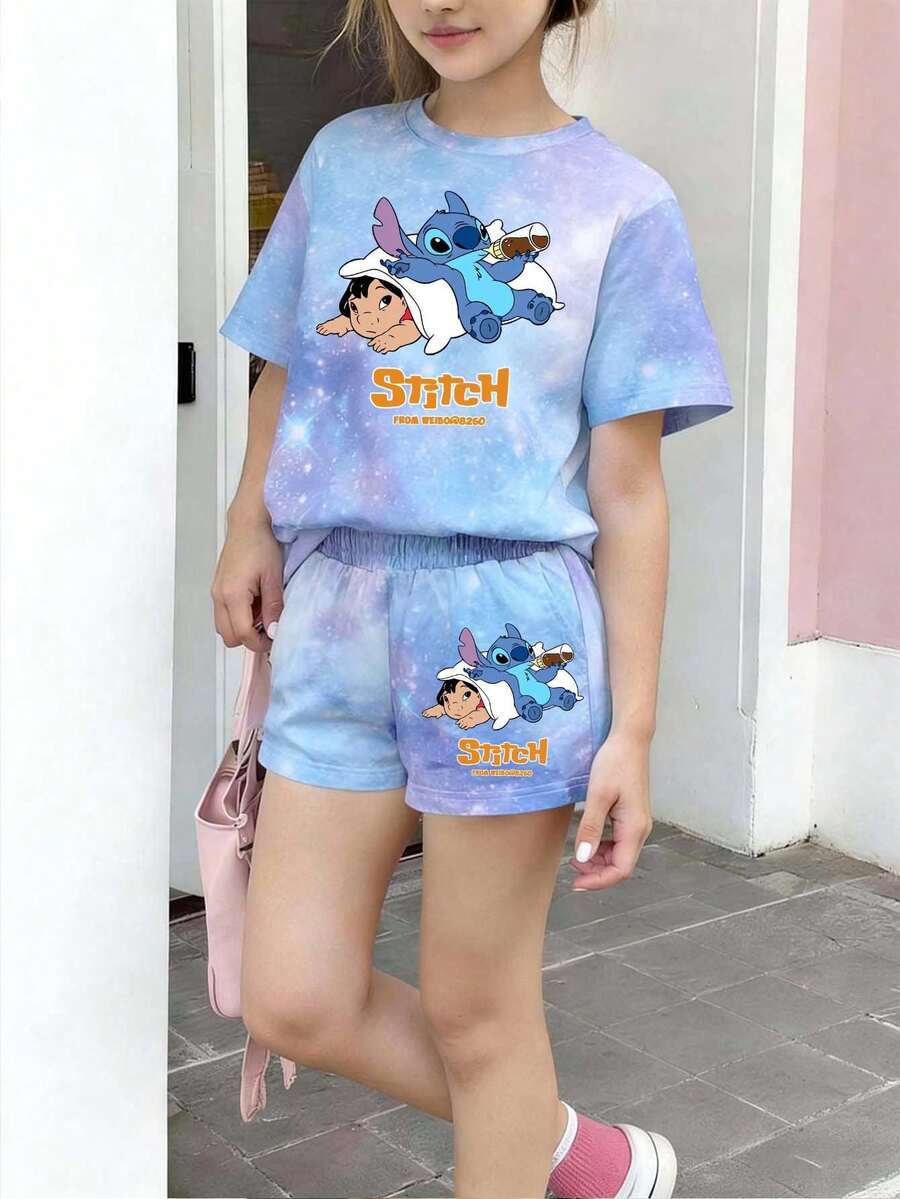 Disney Lilo & Stitch Tie-Dye Kids 2PCS Outfits, Girls Summer Outfits For Women, Summer Clothes, Teen Girl Clothes, Shorts, Graphic Tee, Casual T-Shirt & Shorts, Back To School, Gift, July 4th - Baby Blue - View 1