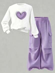 Young Girl Heart Pattern Print Crew Neck Sweatshirt And Cargo Pants Casual Set - Purple - View 2