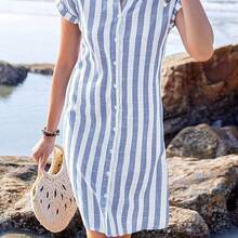 dahkjdgajy  Vestido camisero de verano para mujer, de manga corta, cuello en V y rayas, hasta la rodilla, vestidos de verano para mujer, vacaciones - Multicolor - Ver 7