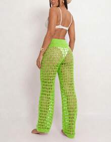 Knitted Beach Cover-Up Pants With Elastic Tie-Up Fishnet - Lime Green - View 4