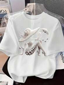 Women's Casual Short-Sleeved T-Shirt With Vintage Print, Made Of Soft Pure Cotton Fabric, Ideal For Everyday Outfits. - 白色 - 查看 1