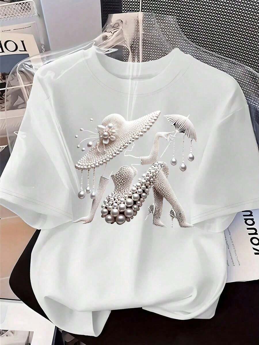 Women's Casual Short-Sleeved T-Shirt With Vintage Print, Made Of Soft Pure Cotton Fabric, Ideal For Everyday Outfits. - 白色 - 查看 1