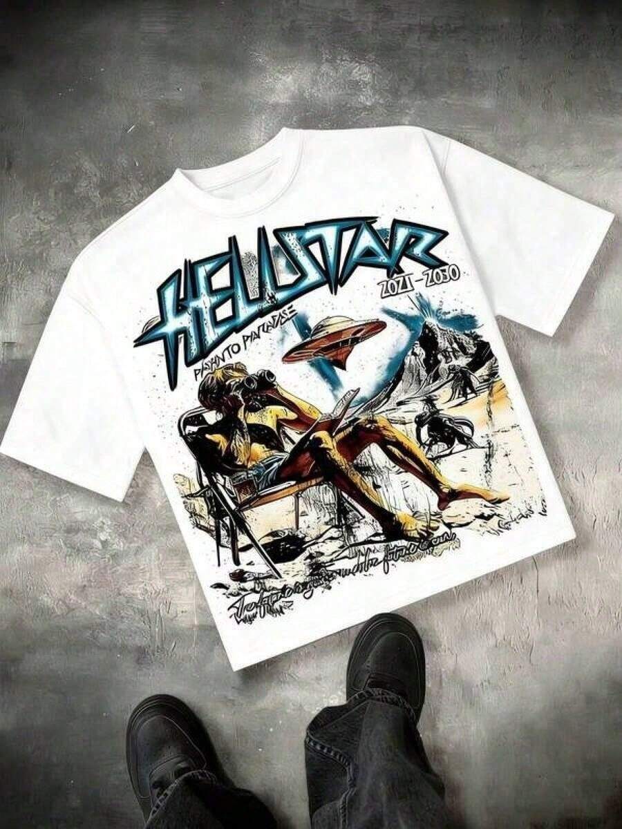 Alien Graphic Tees Men, Hellstars Path To Paradise UFO Y2K Graphic Tee, 100 Percent Cotton Round Neck Streetwear Essential, Independence Day Summer Outfit,   For Mentop For Women - 白色 - 查看 1