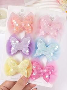 6pcs Random Candy Color Double Layer Mesh Bow Hair Clips Dopamine Sequin Butterfly Hair Pins Side Clips Bangs Clips Cute Girls Princess Hair Accessories Daily Matching Party Headwear - Multicolor - View 6