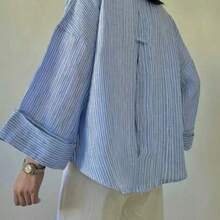 Camisa de mujer de manga larga con hombros caídos, diseño de botones frontales, longitud regular, tela no elástica, estilo primavera - Azul - Ver 1