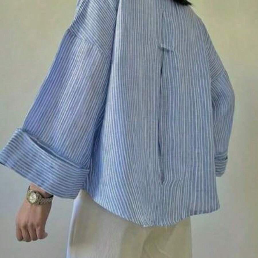 Camisa de mujer de manga larga con hombros caídos, diseño de botones frontales, longitud regular, tela no elástica, estilo primavera - Azul - Ver 1