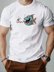 Men's Summer Casual Short Sleeve T Shirt,Printed With A Pattern Of Fish Eating Insects - White - View 1