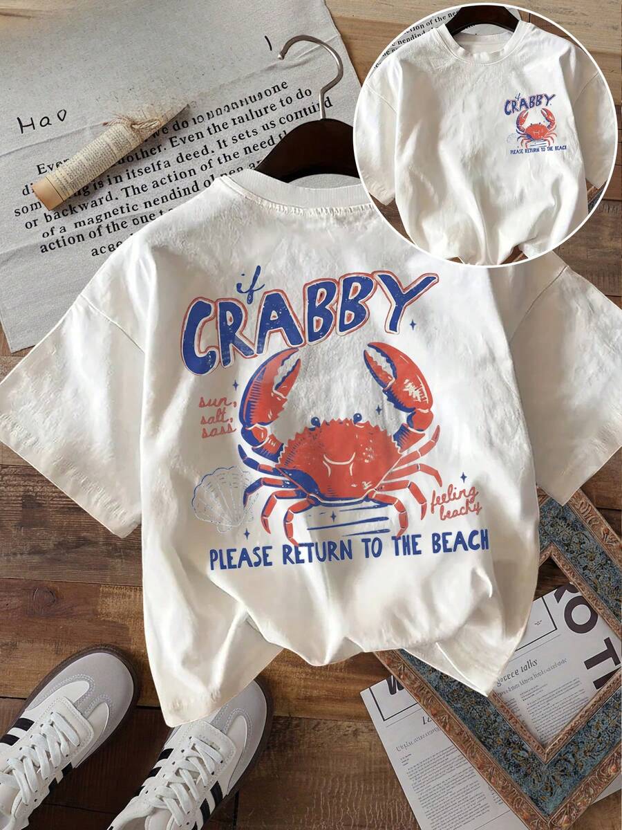 Unisex Plus Size T-Shirt With Anchor And Crab Wave Print On Both Sides, Round Neck, 180g Cotton, Beach Style, Summer Casual - 白色 - 查看 1
