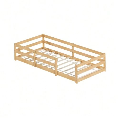 Montessori Floor Bed With Safety Rail – Without Slatted Base, Flat Bed For Children Made Of Pine Wood, Easy Assembly (90x200 Cm, Natural) - Natural Color - View 1