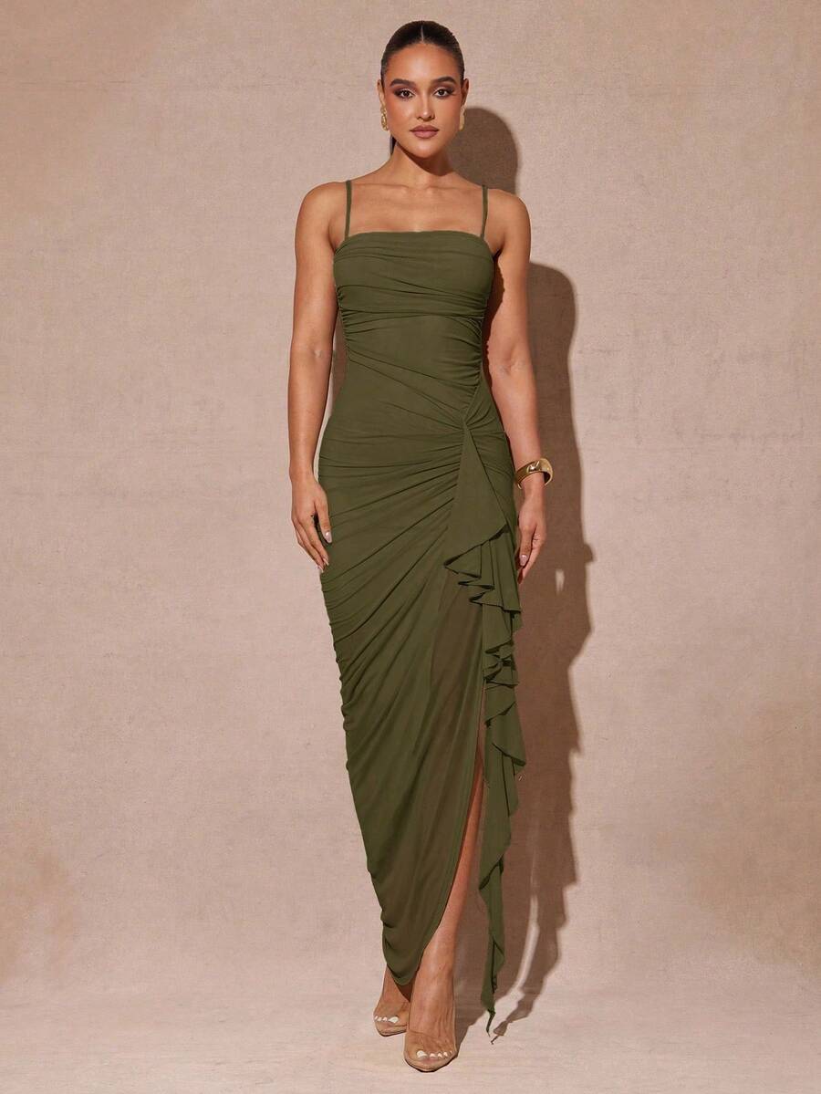 xheSilquee Elegante vestido verde salvia con volantes románticos, abertura alta y vestido de fiesta ajustado con encaje, adecuado para el Día de San Valentín, citas, bodas, bailes de graduaciónxhe - Verde militar - Ver 1