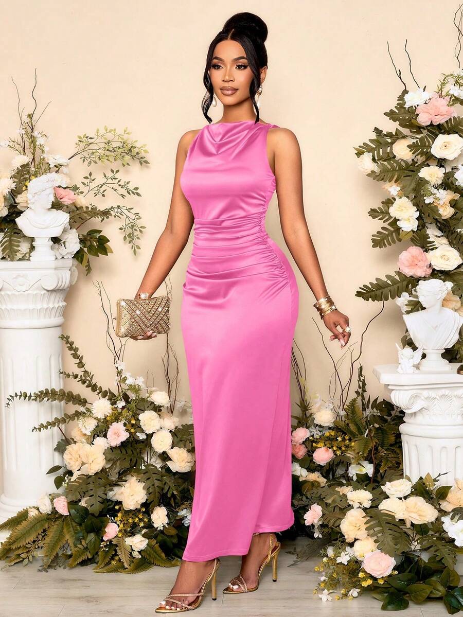 xheSOLERSUN Vestido de fiesta elegante de mujer con cuello drapeado, sin mangas y fruncido en la cintura, perfecto para banquetesxhe - Rosado Sandía - Ver 1