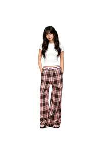 Pink Brown Plaid Wide-Leg Pants With Lettered Waistband, Women's High Waist Loose Trousers - 粉色 - 查看 1