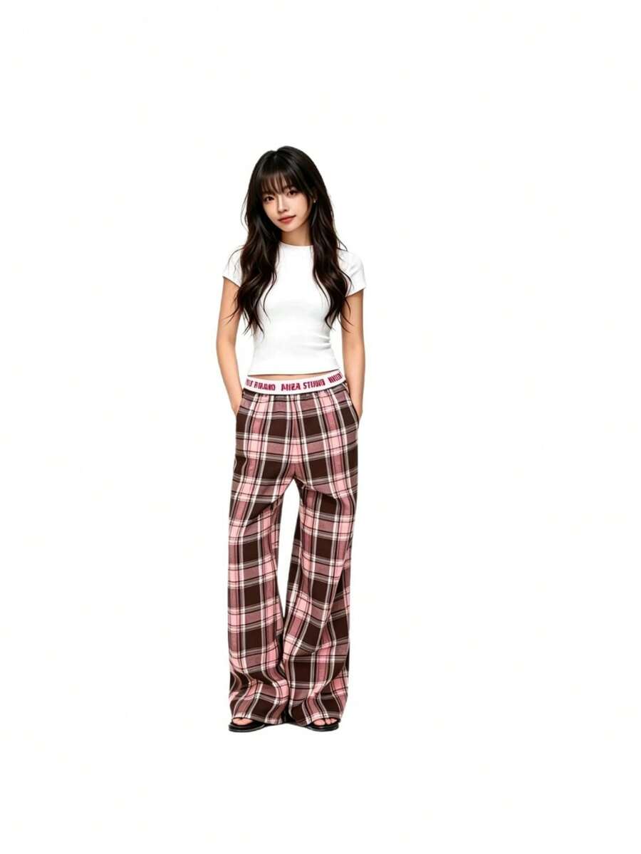 Pink Brown Plaid Wide-Leg Pants With Lettered Waistband, Women's High Waist Loose Trousers - 粉色 - 查看 1