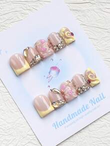 10PCS -Handmade Press On Nails, Square Shape, Fake Nails, Y2K Style, Sturdy Quality, Reusable, Pink, Matching French Style, 3D, Suitable For Daily Wear, Parties,Vacation, And Also The Best Holiday Gift For Girls And Women. - Yellow - View 3