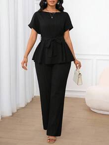 Lady Conjunto de 2 piezas de camisa con corbata y pantalones casuales a rayas para mujer - Negro - Ver 1