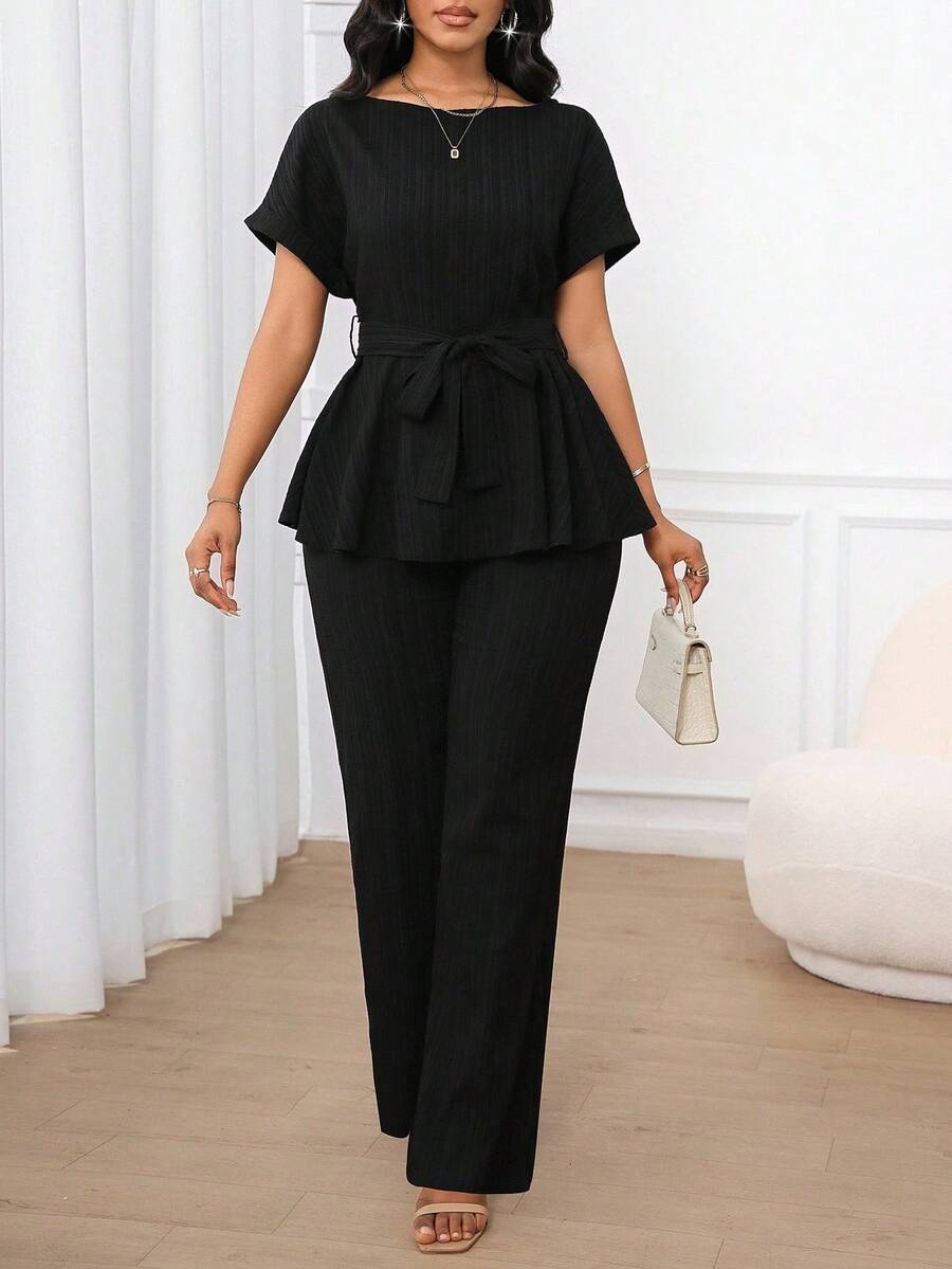 Lady Conjunto de 2 piezas de camisa con corbata y pantalones casuales a rayas para mujer - Negro - Ver 1