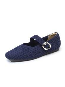 Giày búp bê Mary Jane dệt kim màu xanh navy mới 2026, giày ballet nữ mũi vuông bằng vải dệt kim thoải mái, đế mềm đa năng cho đi làm và mặc thường ngày - Màu xanh lam - Xem 10
