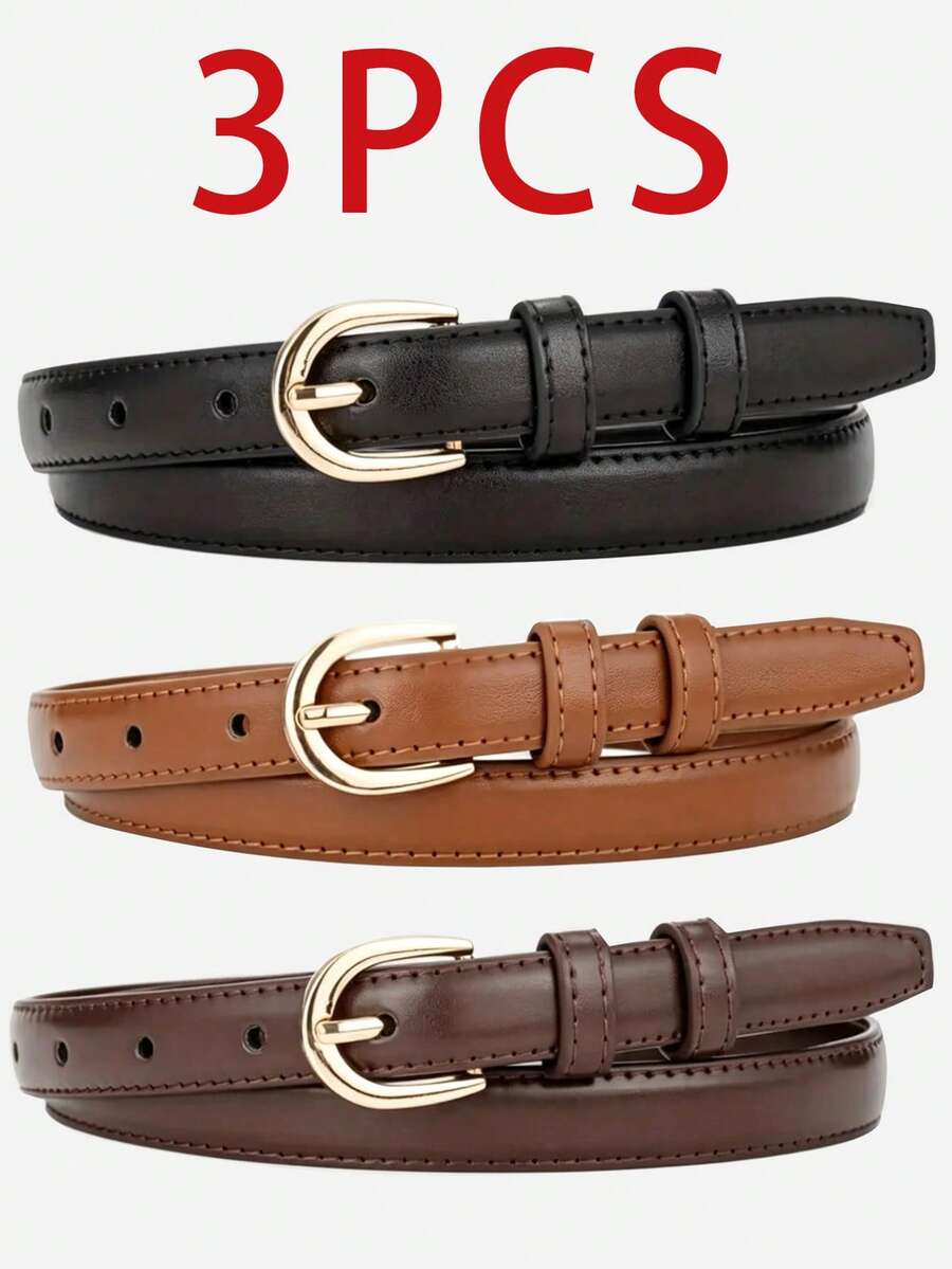 3pcs/2pcs/1pc Cinto de couro PU de cor sólida para mulher, cinto casual minimalista, acessório de moda adequado para campus, uso diário, outono, Halloween, festa de Natal - Multicolorido - Ver 1