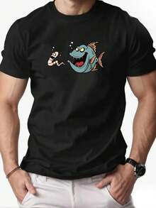 Men's Summer Casual Short Sleeve T Shirt,Printed With A Pattern Of Fish Eating Insects - 黑色 - 查看 1