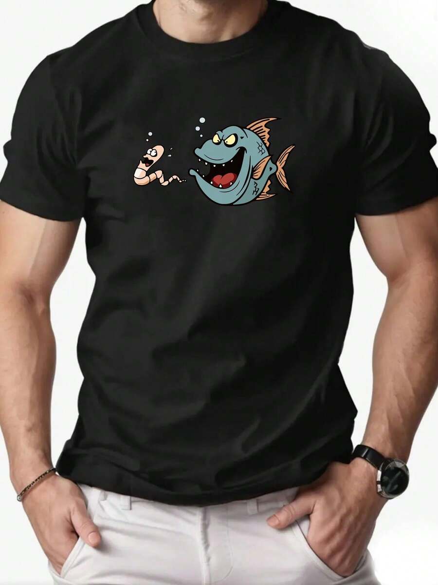 Men's Summer Casual Short Sleeve T Shirt,Printed With A Pattern Of Fish Eating Insects - 黑色 - 查看 1