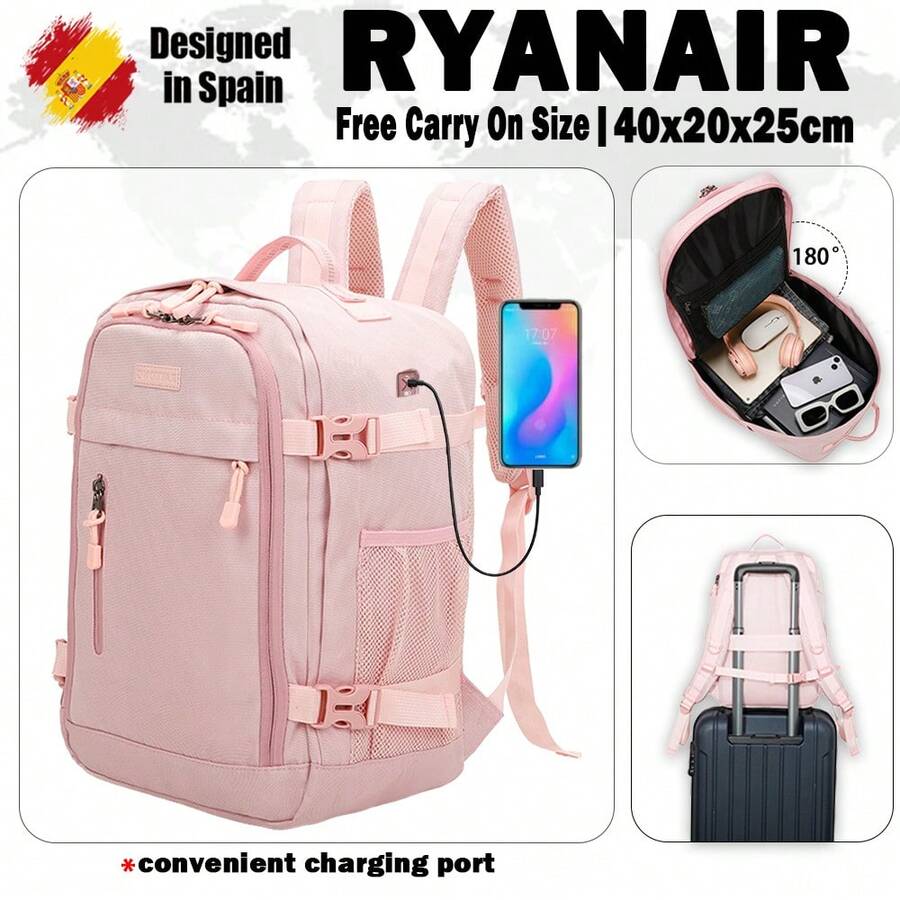 瑞安航空登机背包 40x20x25厘米 (20升) | 防水旅行背包 | 耐用登机行李包 | 适合徒步旅行、上学和日常工作使用 | 黑色/海军蓝/灰色/粉色/米色/绿色,完美搭配背包配件 - 粉色 - 查看 1