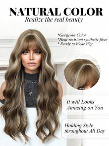 26 Inch Brown With Golden Highlights Synthetic Wig With Bangs, Long Wavy Heat Resistant Wig For Women, Ideal Gift For Halloween, Festival, Travel, Cosplay, Y2K & Daily Wear - Blonde Highlight - View 4