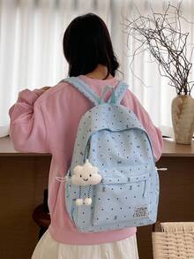 1 buah Tas Ransel Anak Perempuan Motif Polkadot dan Pita Bahan Nilon dengan Resleting, Tas Sekolah Modis untuk Siswa, Cocok untuk Semua Musim dan Penggunaan Sehari-hari Tanpa Liontin - A - View 2