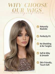 20 Inch Linen Brown Center Part Bangs Heat Resistant Long Wavy Curly Hair Wig For Women, Suitable For Daily Wear, Halloween, Christmas, New Year, Carnival, Music Festival, Cosplay, Girls Gift, Summer Graduation Gift, Ready-To-Wear Gift, Halloween Christmas Gift - Linen Brown - View 2
