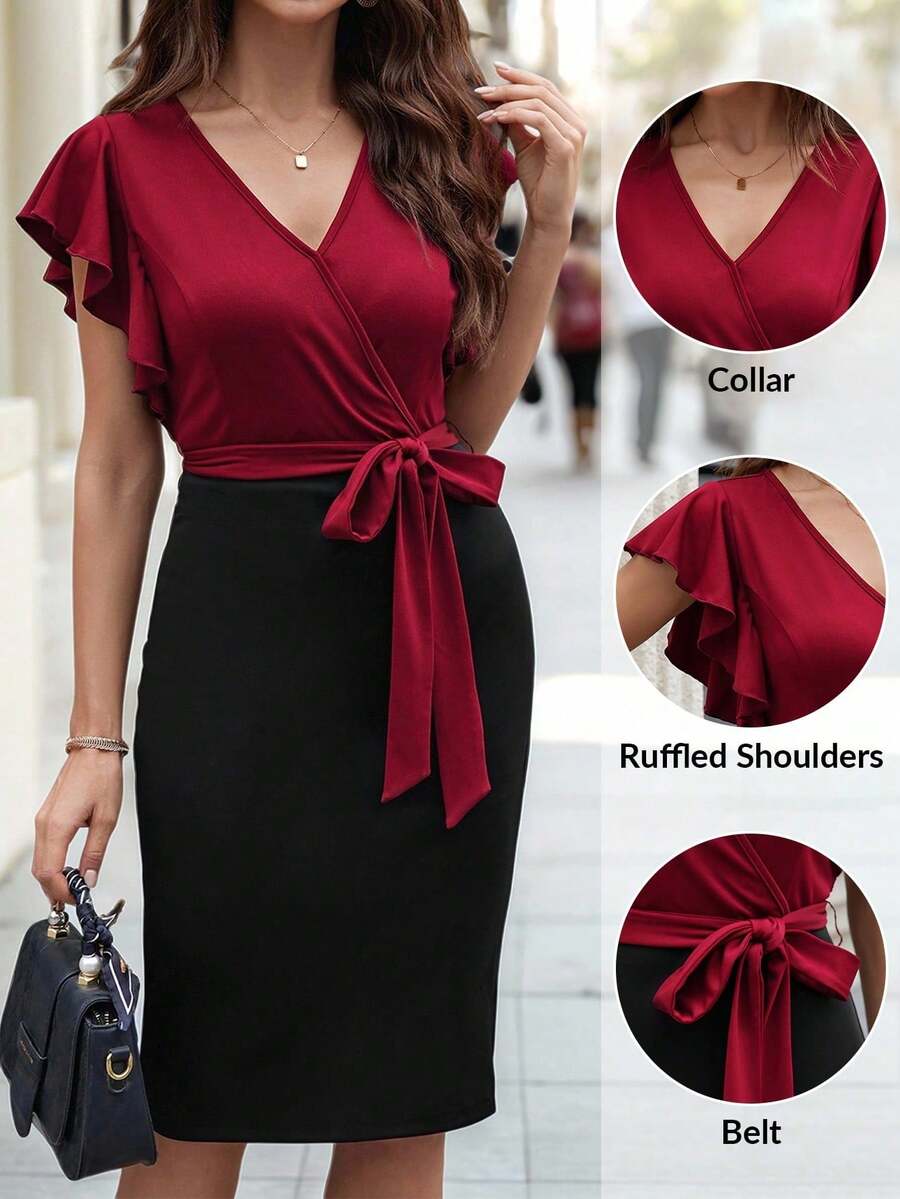Vestido midi con estampado floral y cuello en V con mangas cortas, elegante para vacaciones - Rojo y negro - Ver 1