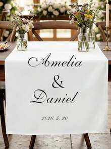 1pc Customized Wedding Table Runner, Personalized Text, Couple Names And Date Table Decor, Suitable For Rustic Wedding, Garden Wedding And Reception Table Romantic Table Runner - White - View 7