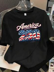 Camisa de mujer de manga corta y cuello redondo con el logotipo estampado que conmemora el 250 aniversario de los Estados Unidos, apta para todas las estaciones. - Negro - Ver 1