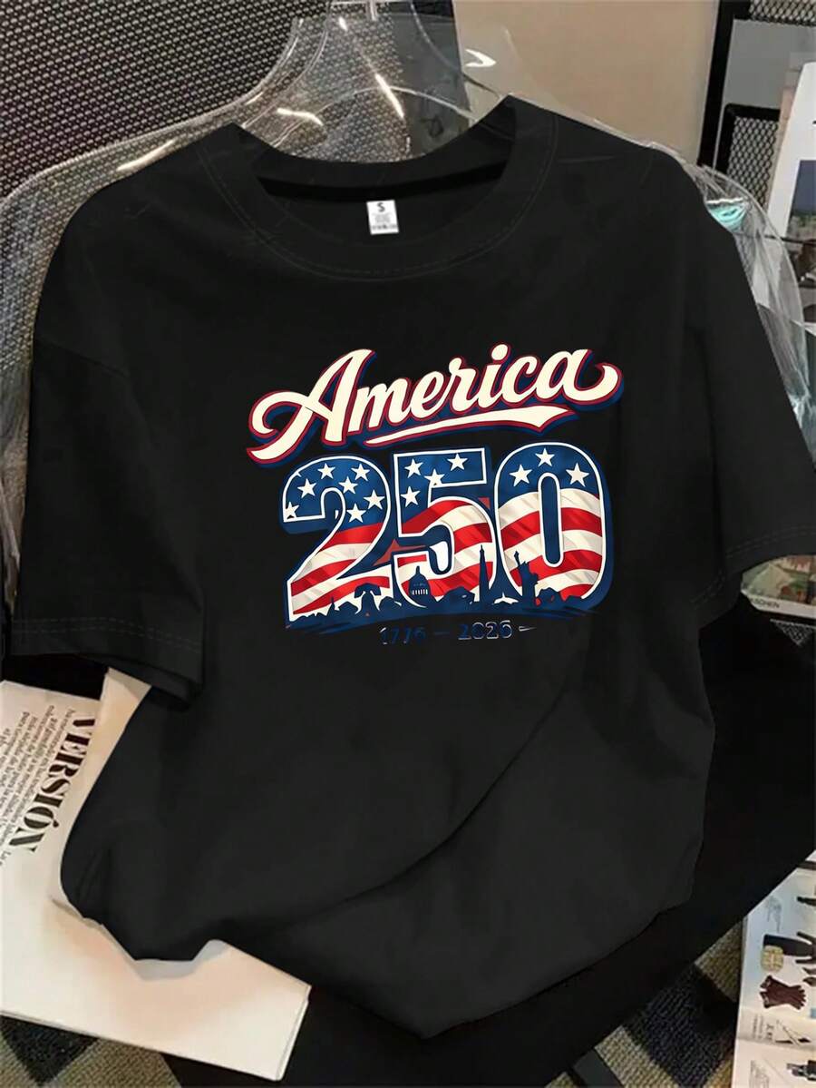 Camisa de mujer de manga corta y cuello redondo con el logotipo estampado que conmemora el 250 aniversario de los Estados Unidos, apta para todas las estaciones. - Negro - Ver 1