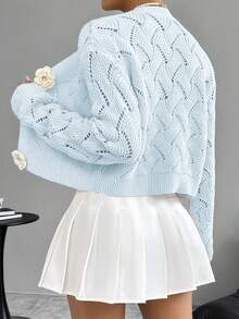 Spring 2026 Spring/Summer Women's Handcrafted 3D Floral Embellishment Western Fashion Elegant Solid Lace Crochet Cardigan Top Jacket Women's - 淺藍色 - 查看 2