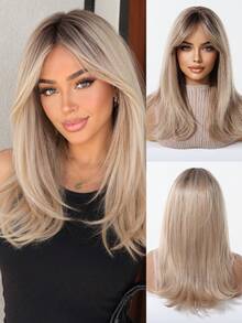 Wig Sintetis Gaya Kupu-kupu 18 Inci, Ombre Panjang Lurus Berlapis, Wig Pengganti Sintetis untuk Wanita dengan Poni untuk Penggunaan Sehari-hari dan Pesta. - Ombre pirang - View 12