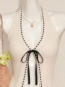 Top halter de punto con cuello en V y lazo para mujer, casual elegante de moda para verano - Albaricoque - Ver 4