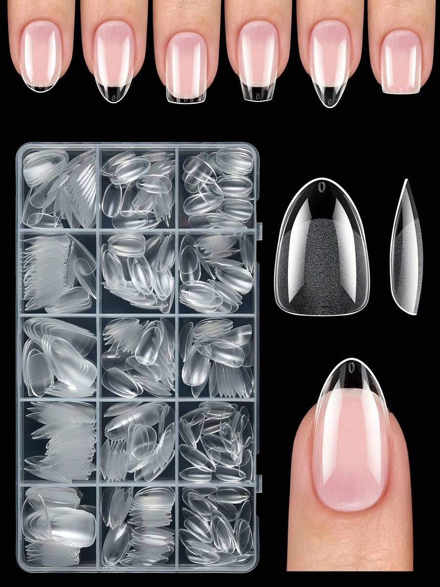360Pcs Ultra Short Multi-Shape Acrylic Nail Tips Nails Almond Square Coffin Round 15 Sizes Inner Half Frosted For Salon Home DIY Manicure Nail Supplies - View 1
