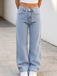Street Style Pure Straight Loose Versatile Wide-Leg Long Pants Washed Denim - Light Wash - View 3