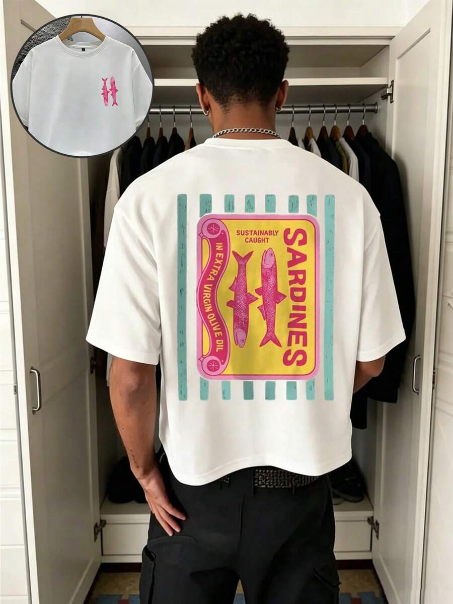 Retro Sardines Graphic T-Shirt For Men - Short Sleeve, Slim Fit & Comfortable, Ideal Casual Wear For Everyday Outings In Summer - White - View 1