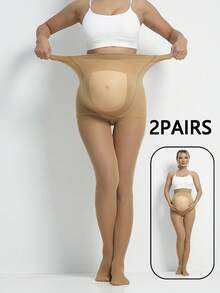 One-Pair Pack Maternity Plus-Size Tights, High-Waist Comfortable Breathable Maternity Pants With Transparent Abdomen Design, Slim-Fit Leggings - Apricot - View 9
