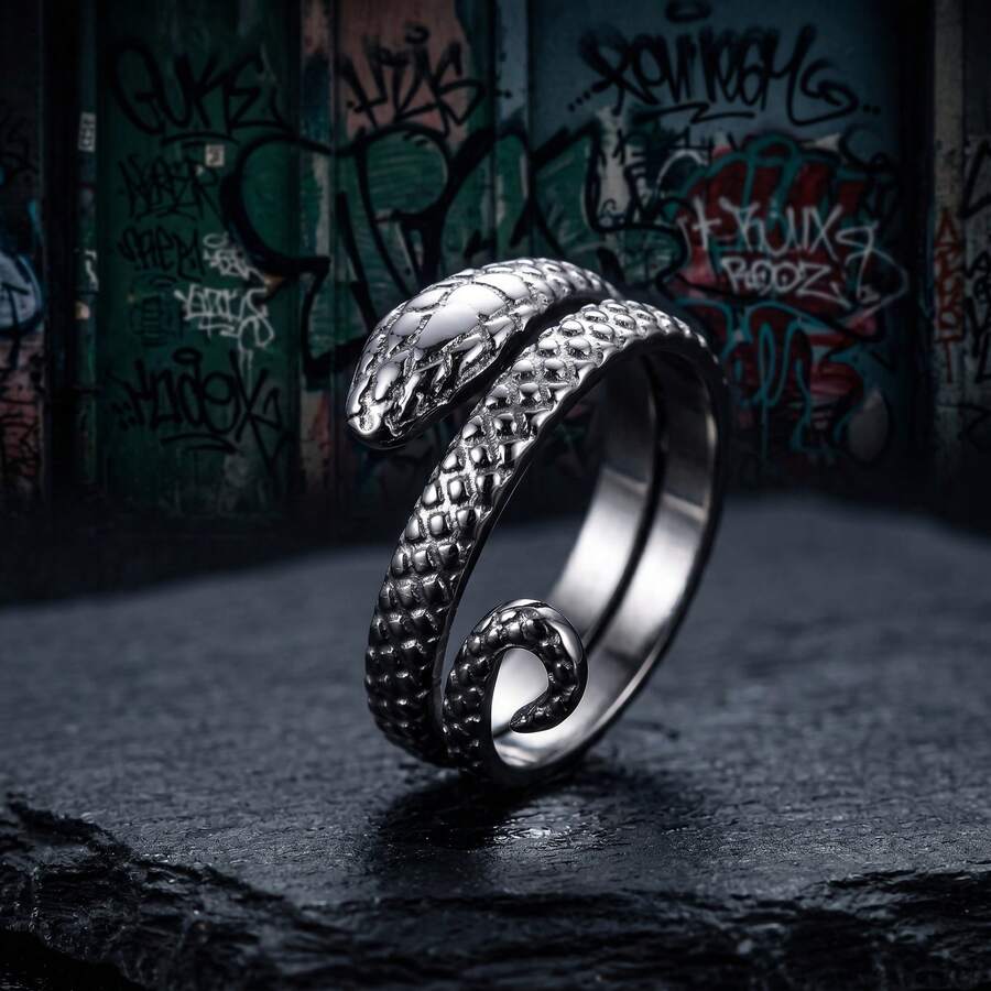 1Pc One Size Hop Style Steel Vintage Serpent Open Design Unisex Street Fashion Finger Ring Jewelry Set Women Ring Women Adjustable Ring - 金色 - 查看 1