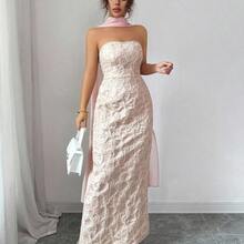 dahkjdgajy  Vestido  con cintura ceñida, escote sin tirantes, cuello con lazo, de tela jacquard con estampado floral rosa y dorado, elegante y romántico, adecuado para citas, compras, festivales de música y talla grande, primavera/verano - Azul - Ver 8