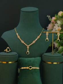 5pcs 18K Gold Plated Elegant Bridal Jewelry Set, Handcrafted With Green Cubic Zirconia, Including Necklace, Bracelet, Earrings, Ring, Suitable For Daily Wear And Wedding Ceremony, Wedding Anniversary Gift - Water Droplet Design Set - View 2