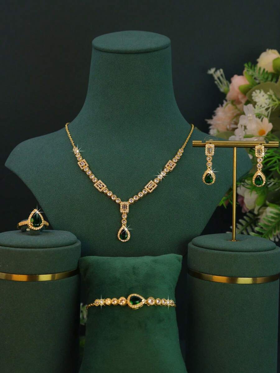 5pcs 18K Gold Plated Elegant Bridal Jewelry Set, Handcrafted With Green Cubic Zirconia, Including Necklace, Bracelet, Earrings, Ring, Suitable For Daily Wear And Wedding Ceremony, Wedding Anniversary Gift