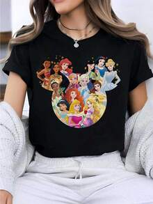 Disney Mickey Mouse Head Princess Print Women's T-Shirt, Casual Fashion Round Neck Short Sleeve Summer Top, Custom College Style Cartoon Breathable Sweatshirt, Daily Outdoor Casual Wear - 黑色 - 查看 1