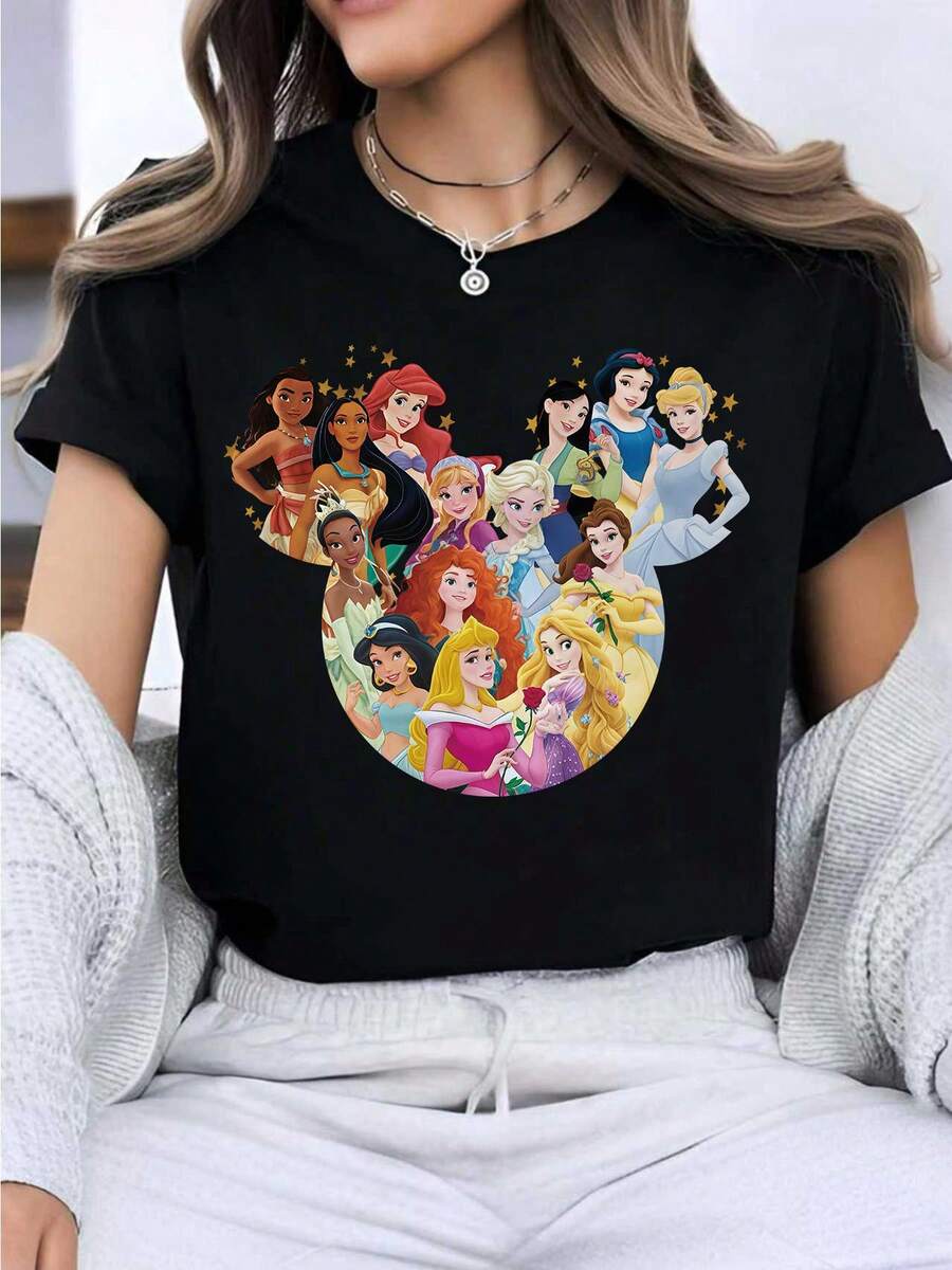 Disney Mickey Mouse Head Princess Print Women's T-Shirt, Casual Fashion Round Neck Short Sleeve Summer Top, Custom College Style Cartoon Breathable Sweatshirt, Daily Outdoor Casual Wear - 黑色 - 查看 1