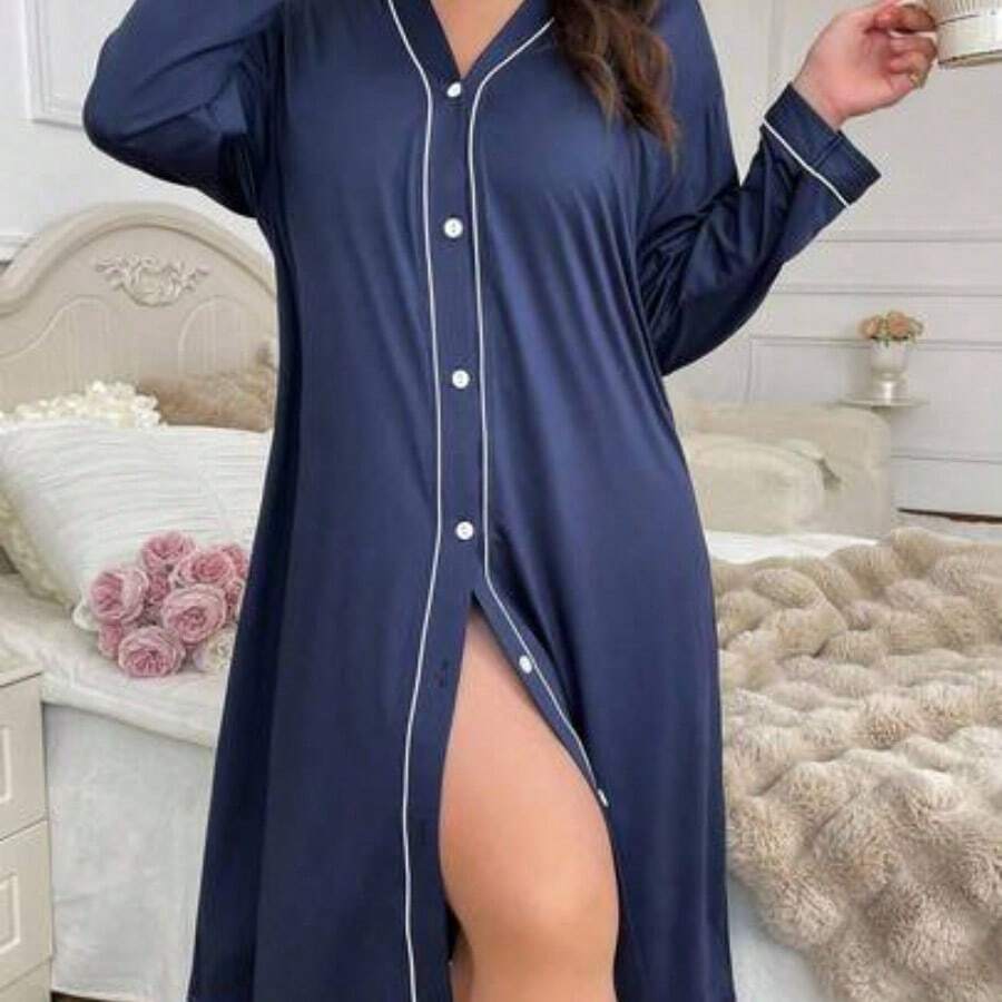 ghadjgyjad Vestido de dormir casual de manga larga y cuello en V de talla grande, Moo Moo con detalles cómodos y elegantes, para otoño e invierno - Azul marino - Ver 1