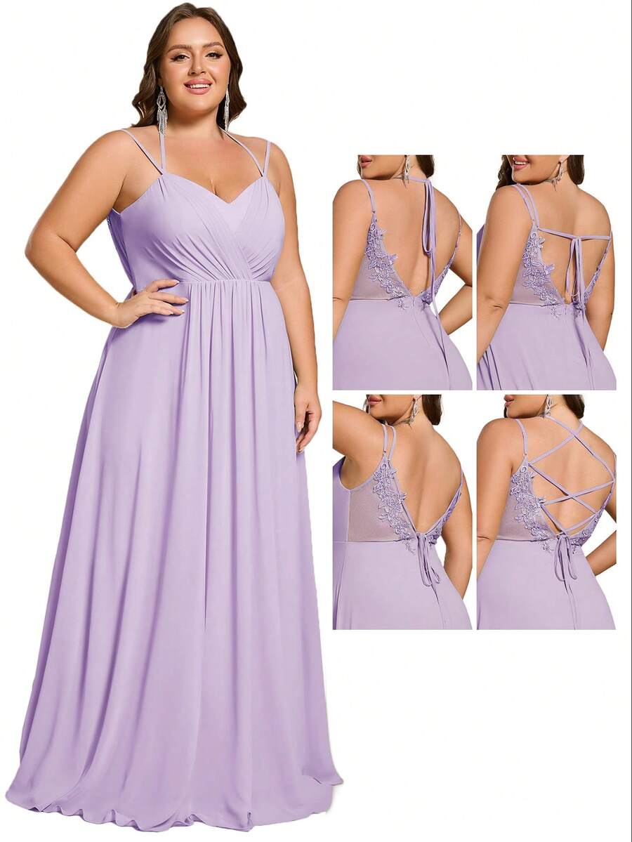 EVERPRETTY Plus Size Backless Lace Lace-Up Multi-Way Chiffon Sleeveless Deep V-Neck Wedding Bridesmaid Dress Suitable For Wedding Vacation Beach Party - Mauve Purple - View 1